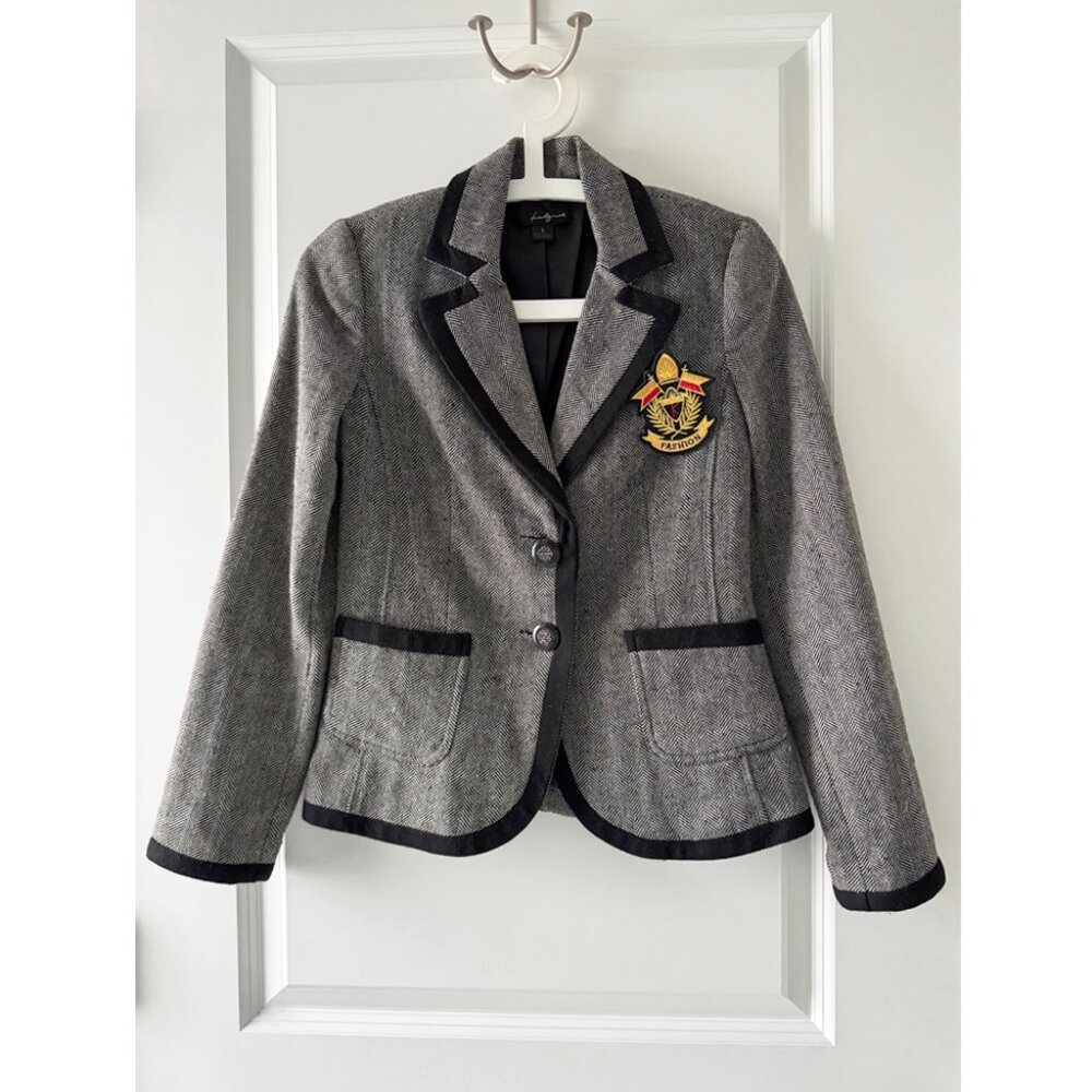 Forever 21 Grey Herringbone Blazer-Black Trim & Gold Embroidered Brooch – Size S